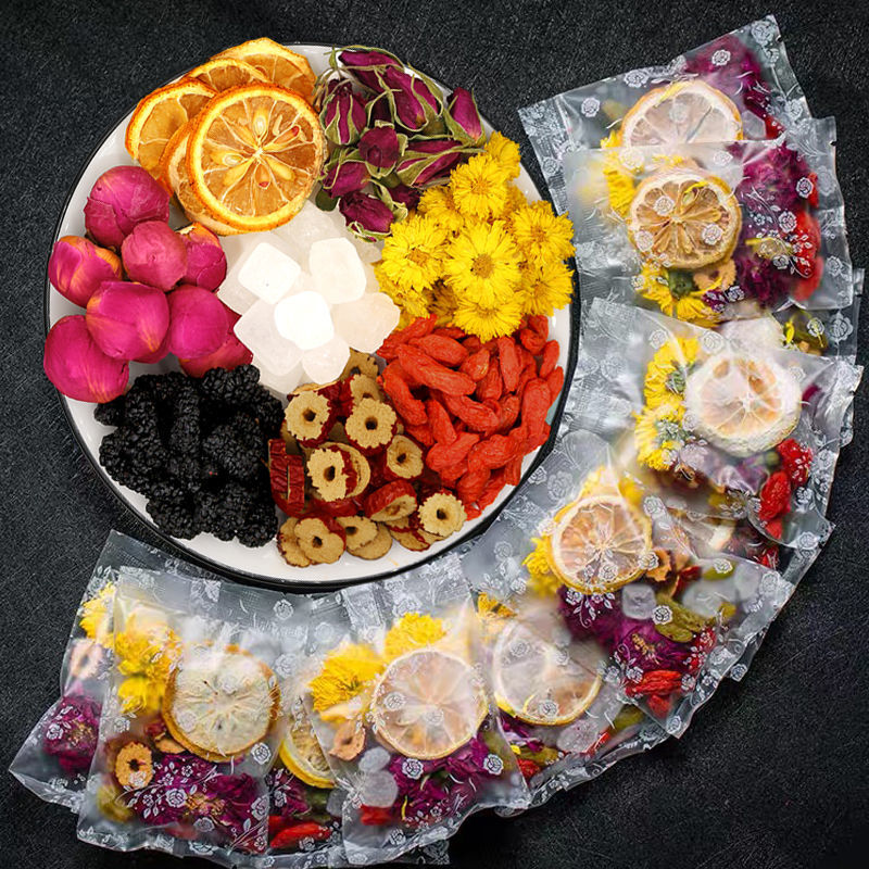Combination flower tea bag with lemon, rose, chrysanthemum, goji berry, red dates, rock sugar
