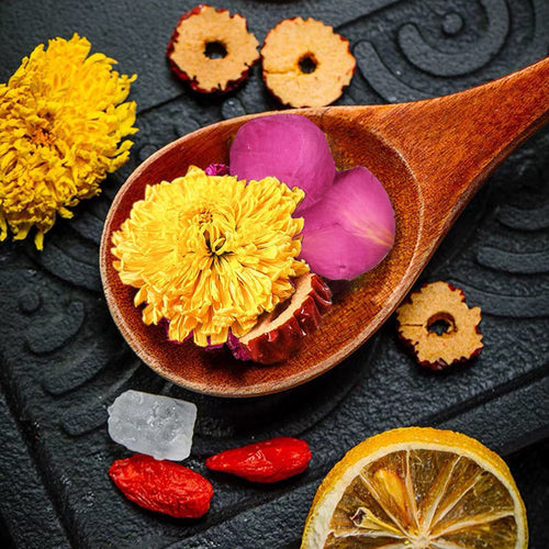 Combination flower tea bag with lemon, rose, chrysanthemum, goji berry, red dates, rock sugar