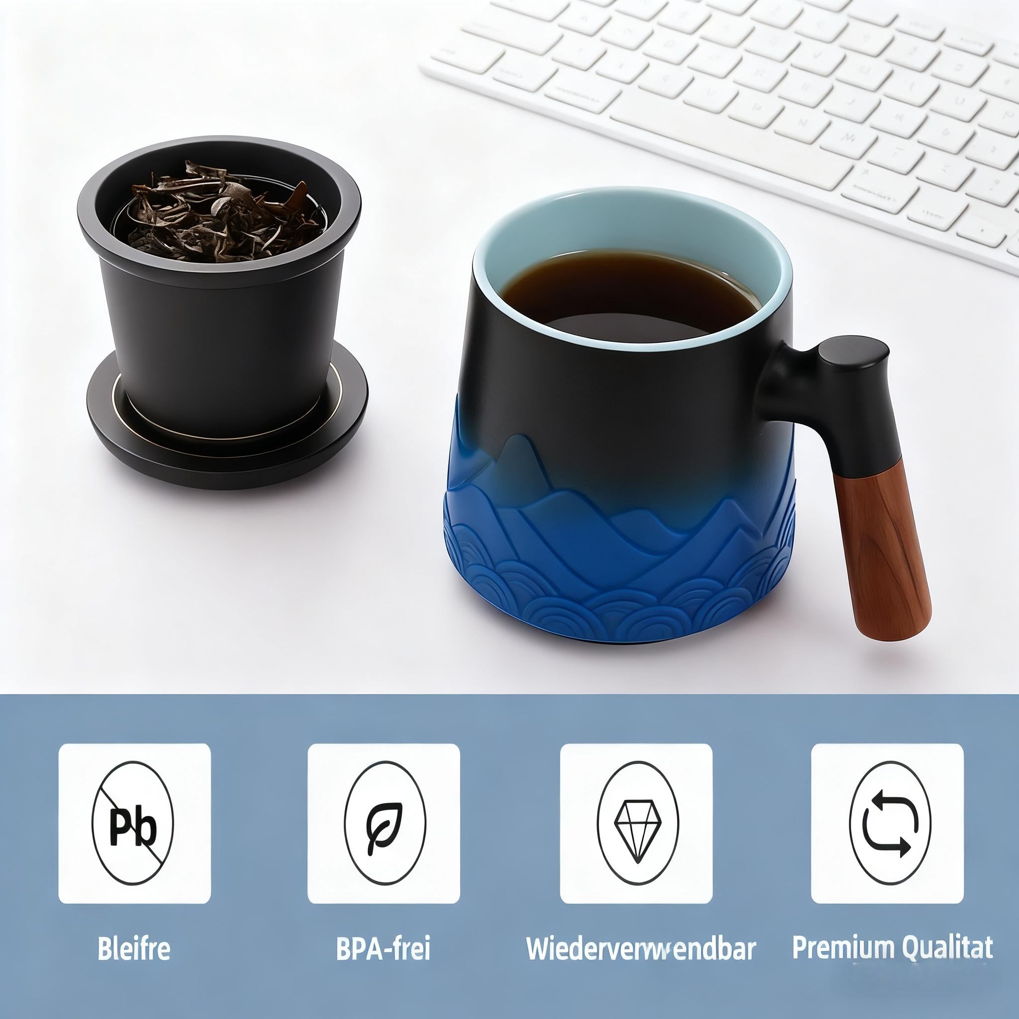 Teetasse mit Deckel und Sieb, 500ml Große Keramik Teebecher, Teetassen Handgemacht, Geschenk für Teeliebhaber(Blaue)