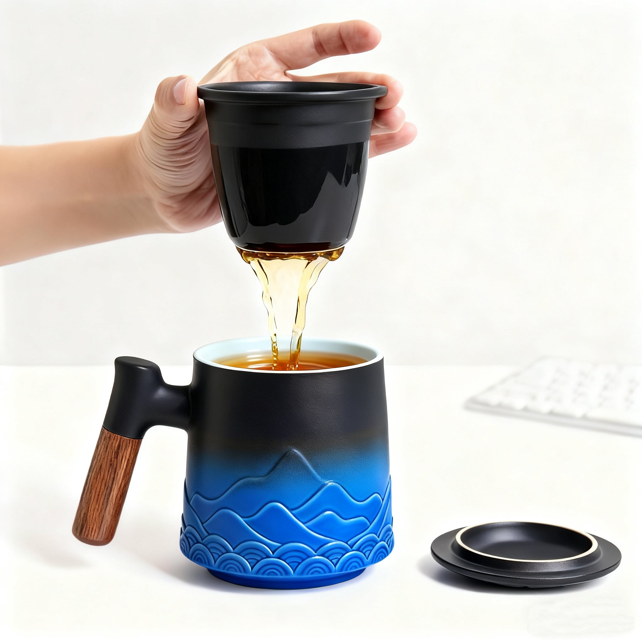 Teetasse mit Deckel und Sieb, 500ml Große Keramik Teebecher, Teetassen Handgemacht, Geschenk für Teeliebhaber(Blaue)