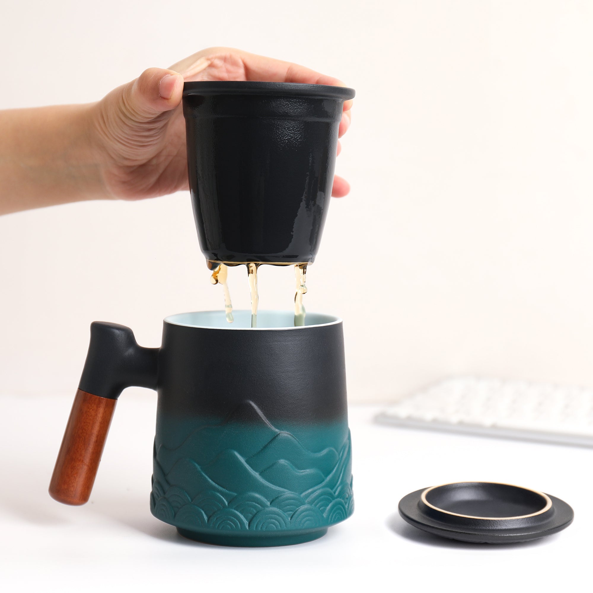 Teetasse mit Deckel und Sieb, 500ml Große Keramik Teebecher, Teetassen Handgemacht, Geschenk für Teeliebhaber(Grün)