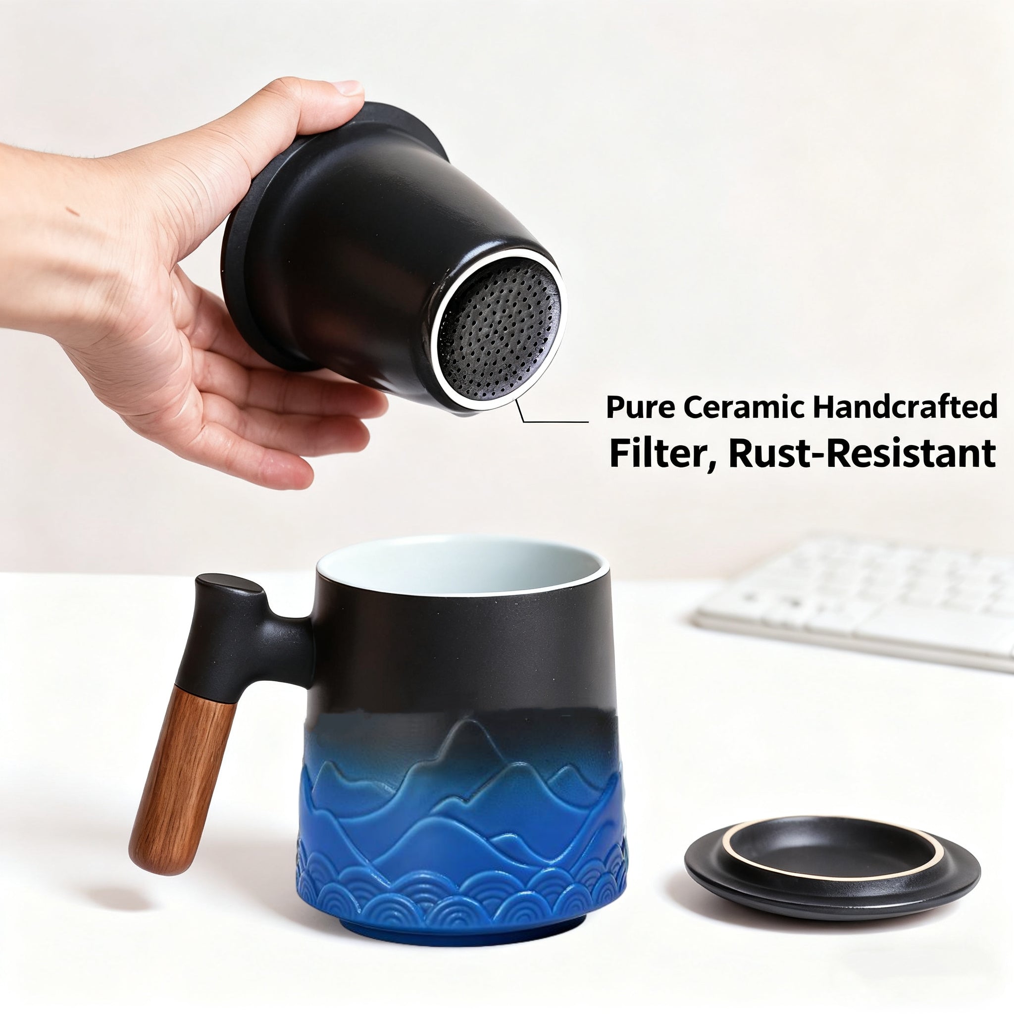 Teetasse mit Deckel und Sieb, 500ml Große Keramik Teebecher, Teetassen Handgemacht, Geschenk für Teeliebhaber(Blaue)