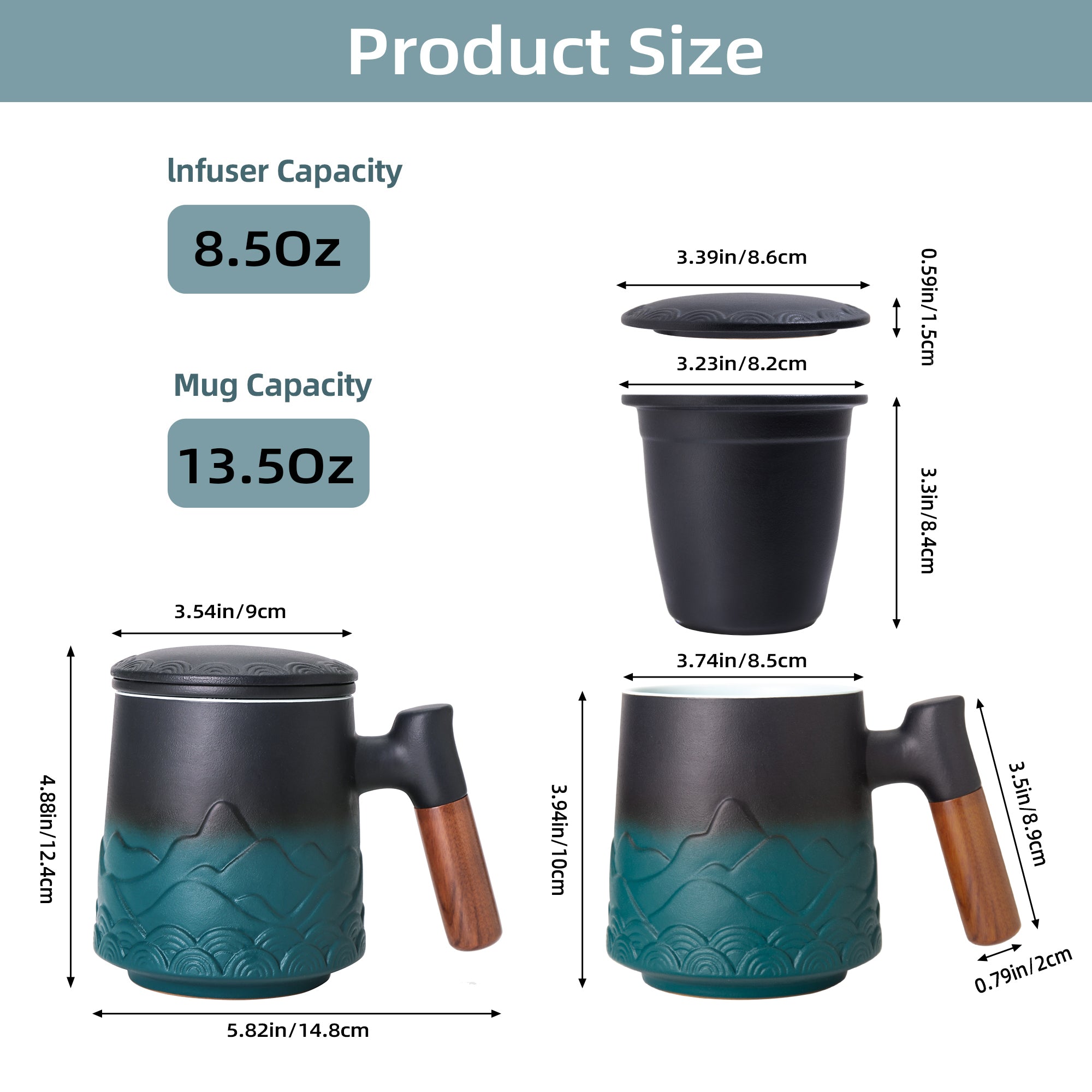 Teetasse mit Deckel und Sieb, 500ml Große Keramik Teebecher, Teetassen Handgemacht, Geschenk für Teeliebhaber(Grün)