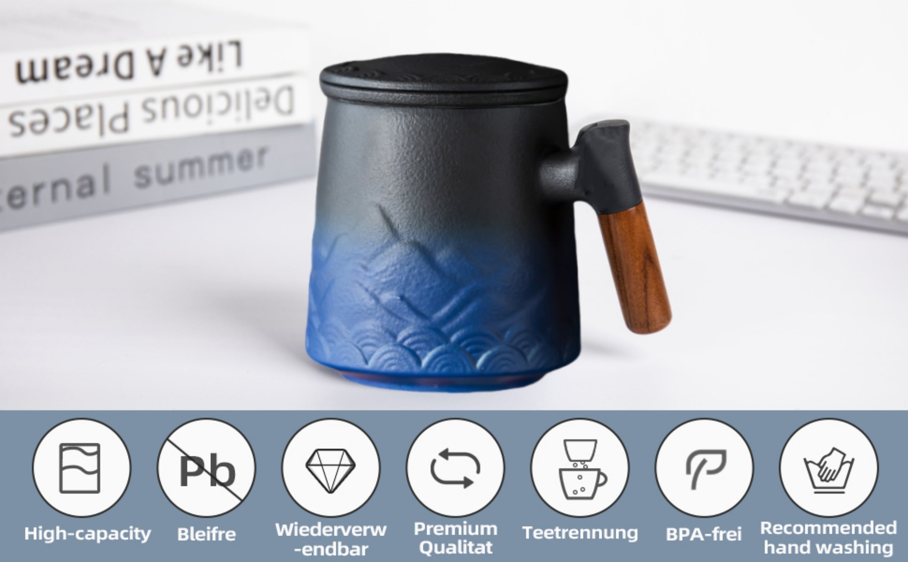 Teetasse mit Deckel und Sieb, 500ml Große Keramik Teebecher, Teetassen Handgemacht, Geschenk für Teeliebhaber(Blaue)